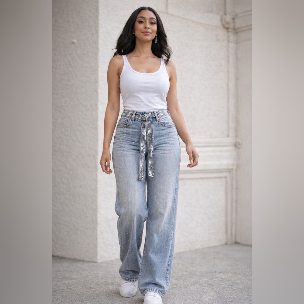 Embellished Wide Leg Soft Denim Jeans Size M